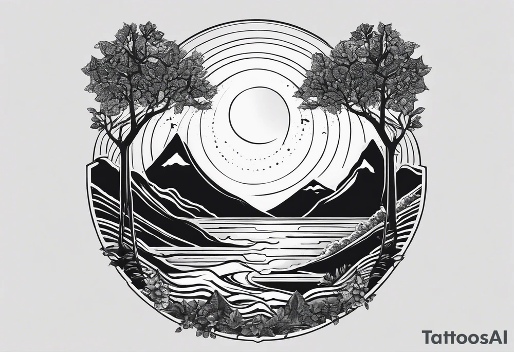 I want it in a vertical line one end to start with a tree then connect to a boomerang then connect to mountains then connect to the sun tattoo idea