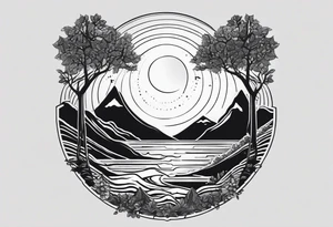 I want it in a vertical line one end to start with a tree then connect to a boomerang then connect to mountains then connect to the sun tattoo idea