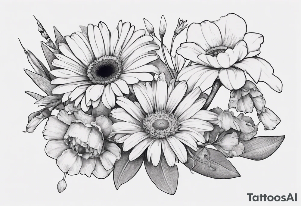 a fine line, dainty bouquet of a gerbera daisy, an iris, blue bells, and forget me nots, tied together with a small bow. no shading or realism. a small line work piece tattoo idea