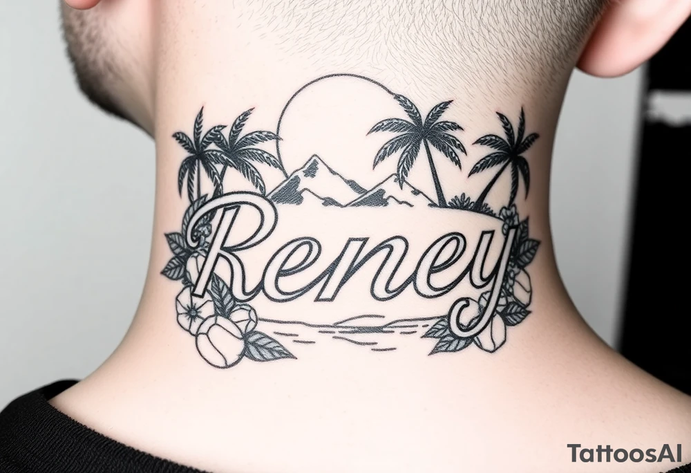 The name reney surrounded by tropical scenery tattoo idea