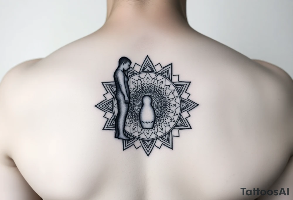 Single mirror showing unified reflection - adult figure standing strong with faint child silhouette visible inside chest/heart area like nested Russian dolls, showing integration not separation, geometric mandala frame, dotwork style, represents carrying inner child not losing them, black and grey tattoo idea
