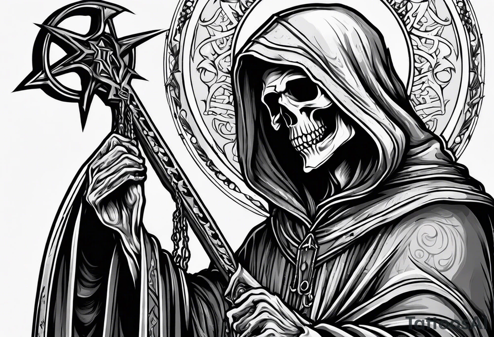 full body grim reaper with his hood off and a halo above his head tattoo idea