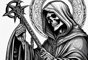 full body grim reaper with his hood off and a halo above his head tattoo idea