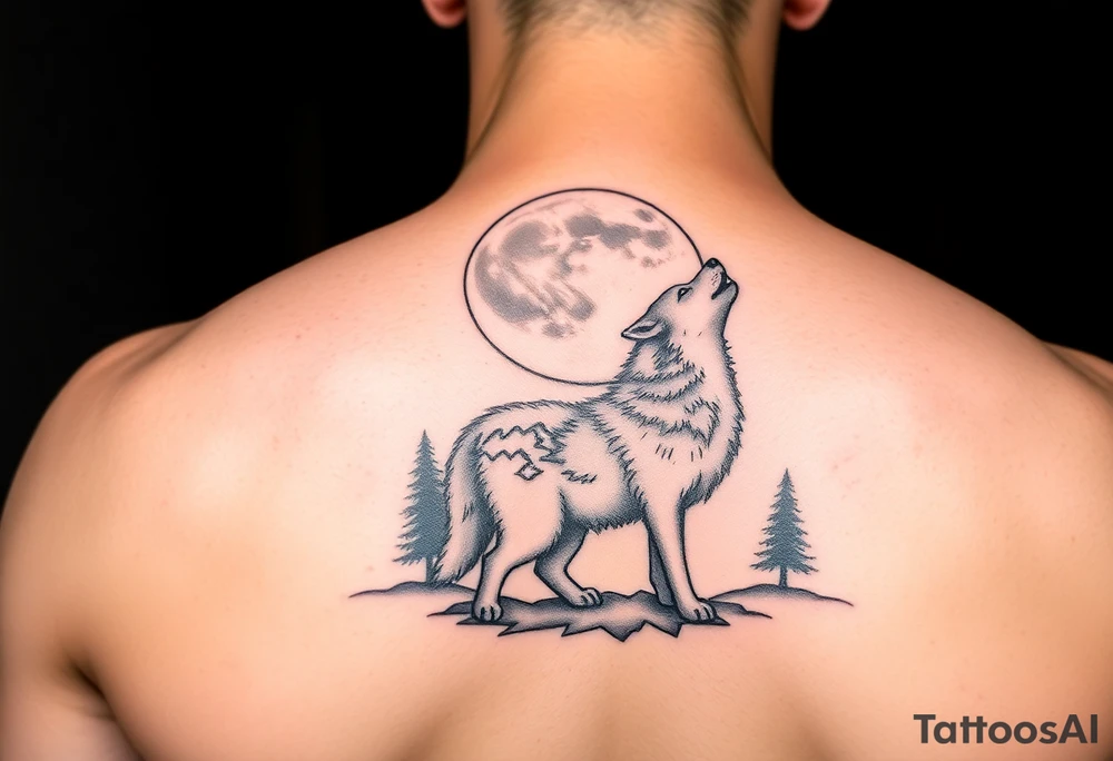 lone wolf howling at full moon with northern lights backdrop tattoo idea