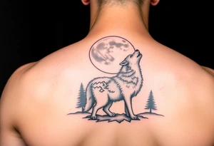 lone wolf howling at full moon with northern lights backdrop tattoo idea