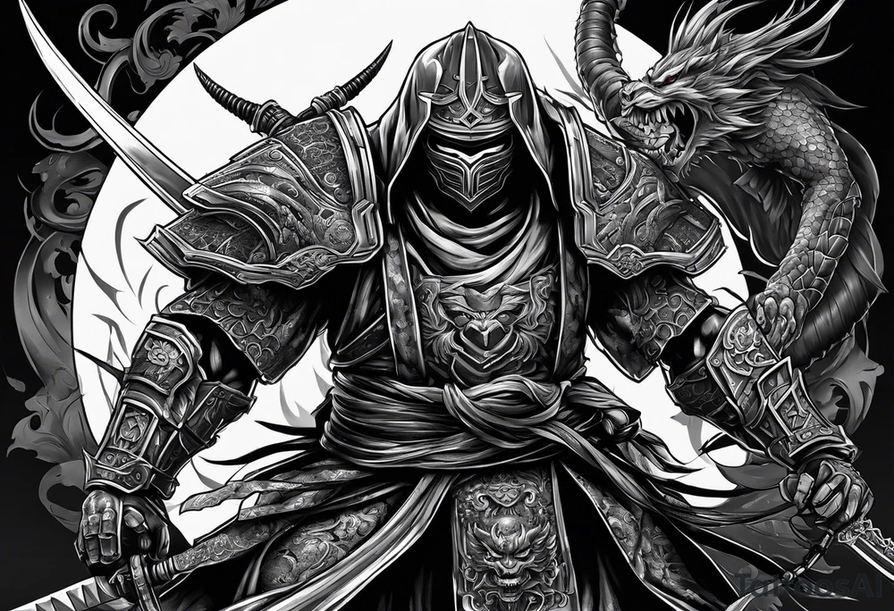Angry robot demon ninja with demon mask with huge sword fighting in war tattoo idea