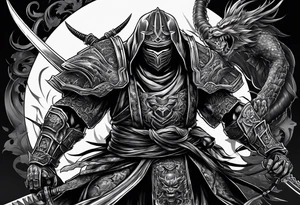 Angry robot demon ninja with demon mask with huge sword fighting in war tattoo idea