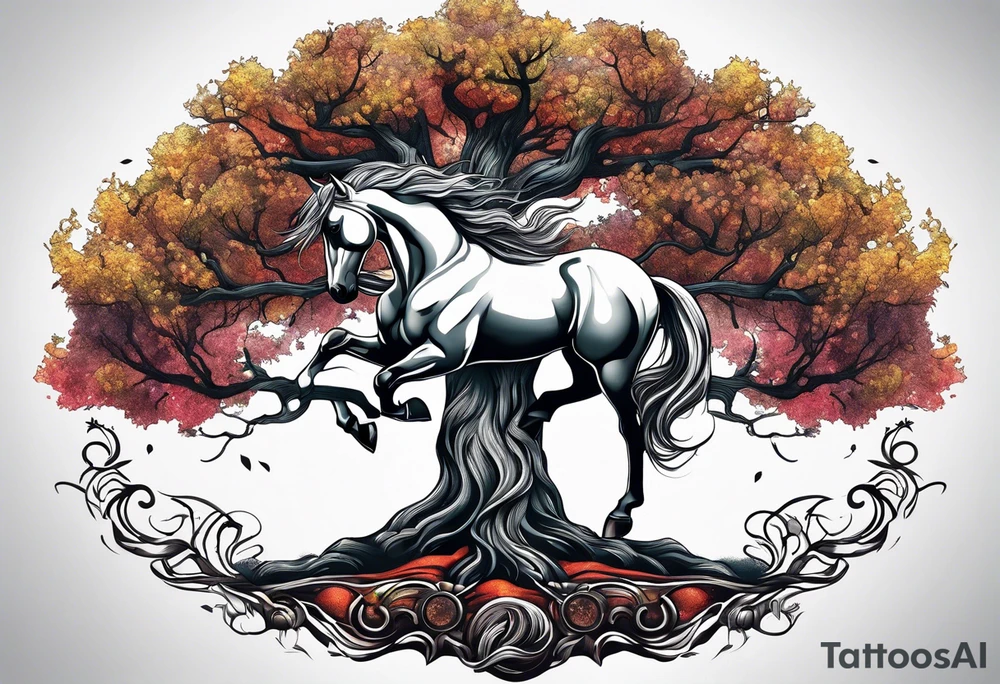 Realistic Horse and Yggdrasil tree tattoo idea