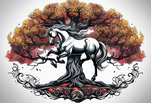 Realistic Horse and Yggdrasil tree tattoo idea