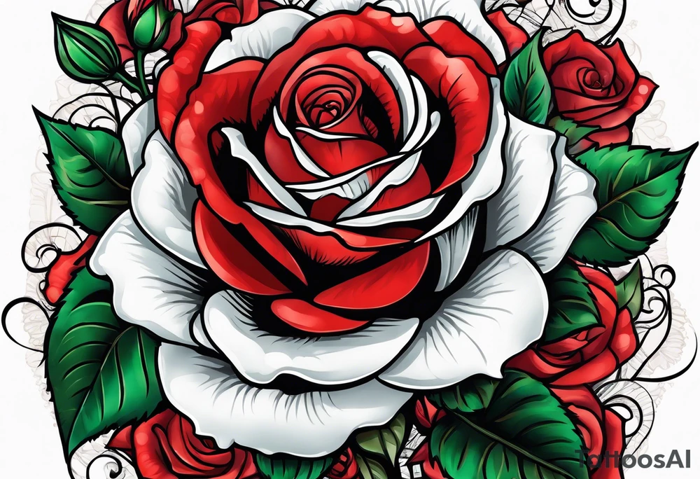 Red rose with a pearl necklace tattoo idea