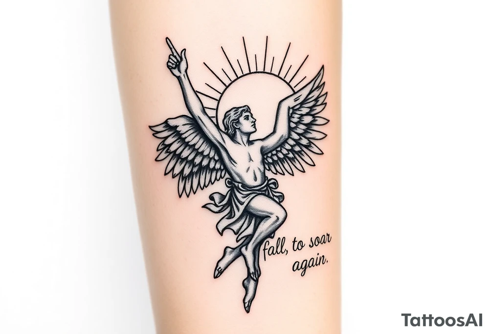 Angel falling with one hand pointed up towards a Greek like sun, with top left saying “you only fall” and the bottom right saying “to soar once again” with the font matching the majesty of the angel and sun. I want this vertically and I want the angel to be realistic, a man kinda like Lucifer falling but without the devil aspects tattoo idea