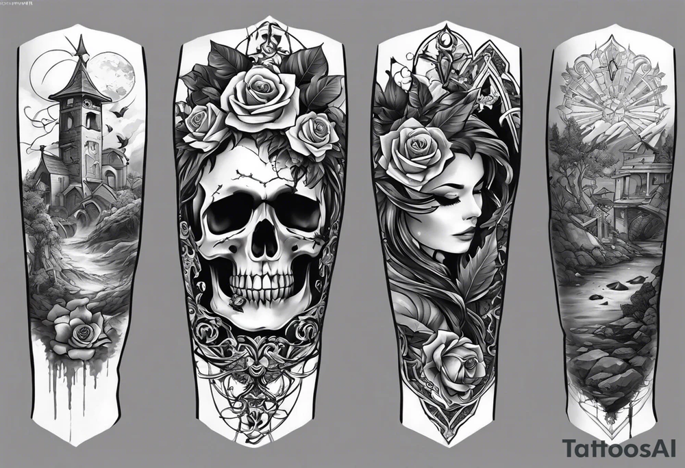 A sleeve tattoo whose elements seem to be connected into one story. Elements on the tattoo: a skull with a rose sticking out of the eye, plants, a girl’s face turning into roots, a destroyed old chain, a broken sword, a butterfly and you can add some connecting elements tattoo idea
