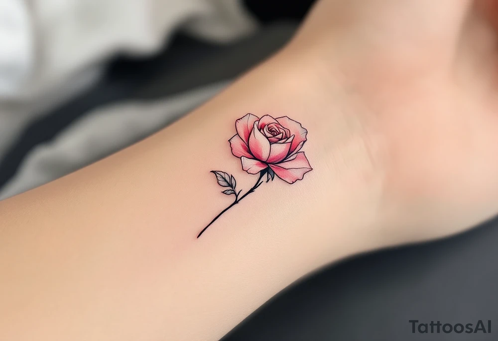 bouquet of fine-line rose with a thin black stem and soft dusty pink petals, minimal and elegant on the wrist. tattoo idea