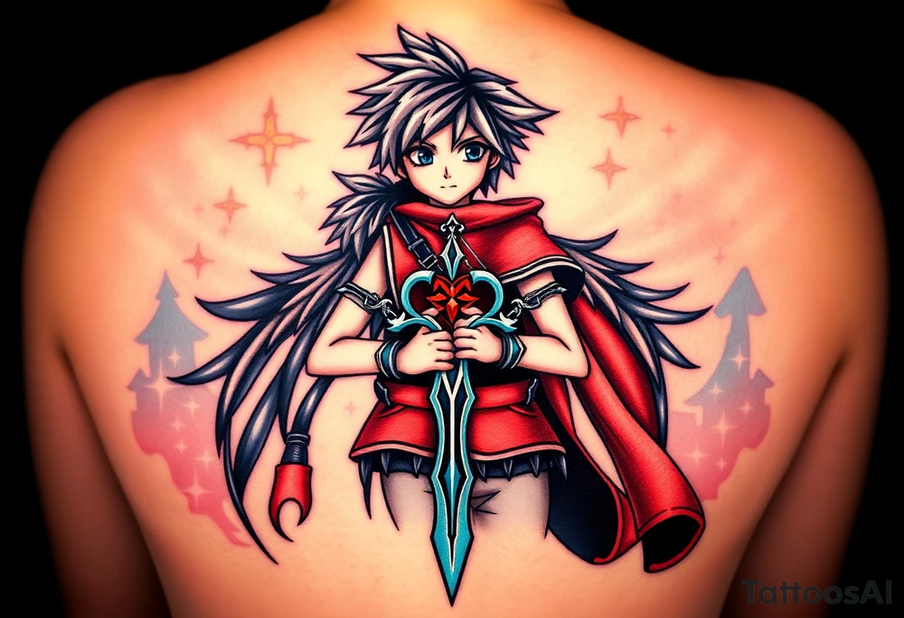 Kingdom Hearts tattoo design featuring Sora from the game, together in a dynamic, united pose. The centerpiece should include the Heartless Keyblade, with a beautiful and ethereal Kingdom Hearts-inspired background—think glowing stars, floating islands, and stained-glass elements in backroung. The design should capture themes of friendship, light vs. darkness, and adventure. Style should be detailed, fantasy-oriented, and suitable for a large piece tattoo idea