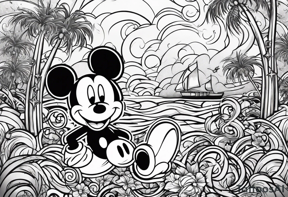 mickey mouse in a lightning storm with palm trees and the celtic symbol for family tattoo idea