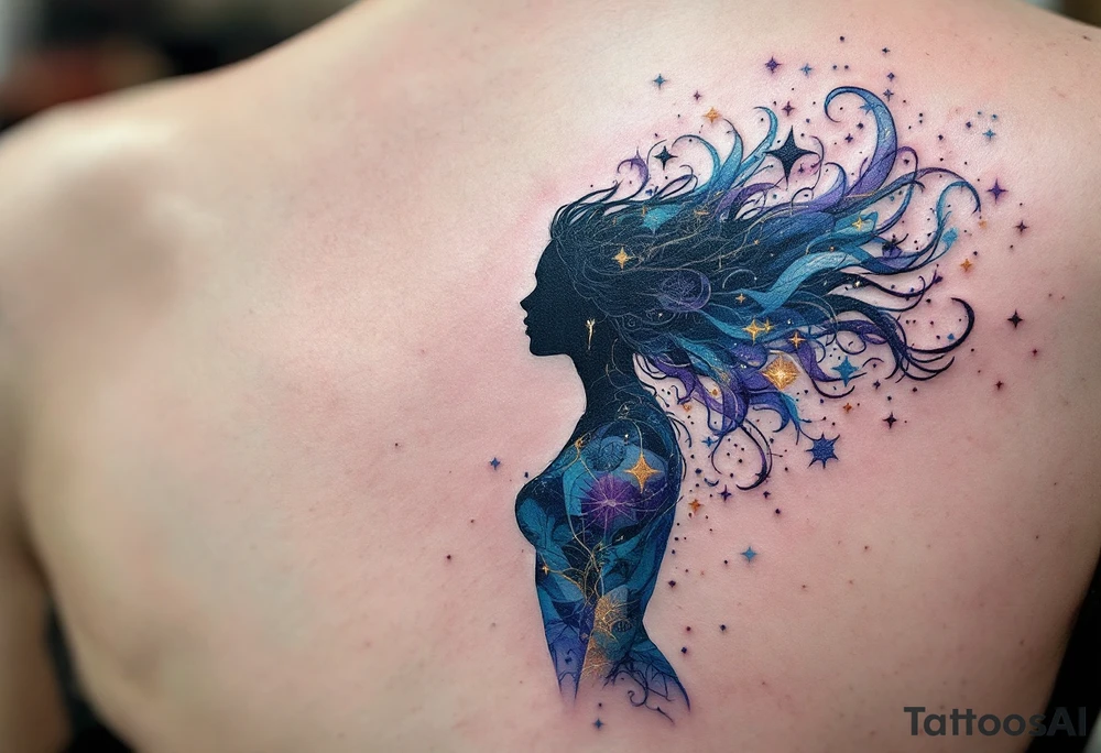 A silhouette of Tris with her arms outstretched, symbolizing her freedom and resistance. Her hair flows into a burst of intricate patterns, representing the different factions. Soft shades of blue and purple with a splash of gold for a dreamy, ethereal effect. Light blue, dark purple, gold accents. tattoo idea
