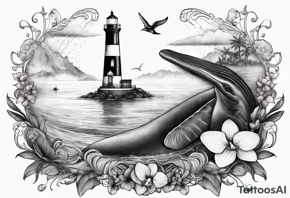 Lighthouse on a beach with light on in the fog and a humpback whale's tail sticking out of the water of the ocean with a border containing an anchor and orchids tattoo idea