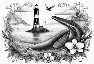 Lighthouse on a beach with light on in the fog and a humpback whale's tail sticking out of the water of the ocean with a border containing an anchor and orchids tattoo idea