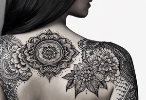 Full sleeve arm mandala henna female tattoo with mushroom henna at shoulder tattoo idea