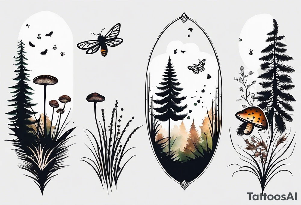 forest floor inspired minimalist tattoo, which includes grass, curly ferns, moss and dead leaves as the bulk of the tattoo. details to include: forest berries, a tiny bumblebee flying nearby, three small brown mushrooms
Generate a vertically long one tattoo idea