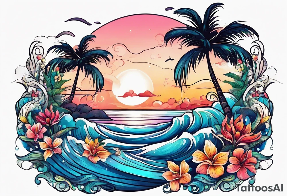 sea,, night, flower, palm, tattoo idea