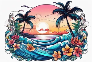 sea,, night, flower, palm, tattoo idea