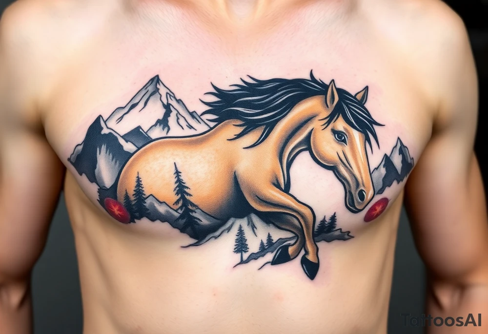 A golden mustang horse with black mane and leg. The mountains and nature should frame the design, blending with the horse's black fur as a base to represent the landscape. Experiment with using the black fur to shape the mountains, playing with edges or interior details. tattoo idea