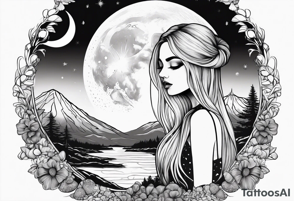 Straight blonde hair girl facing mountains surrounded by mushrooms crescent moon tattoo idea