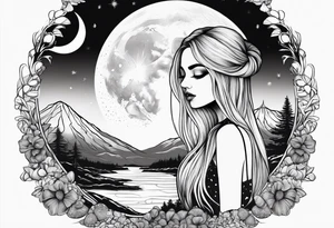 Straight blonde hair girl facing mountains surrounded by mushrooms crescent moon tattoo idea