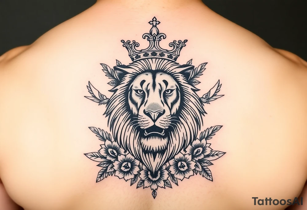 powerful majestic lion with a crown, surrounded by floral ornaments and birds tattoo idea