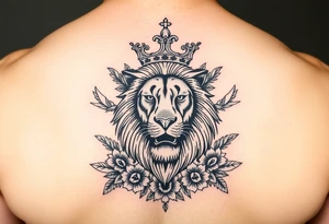 powerful majestic lion with a crown, surrounded by floral ornaments and birds tattoo idea