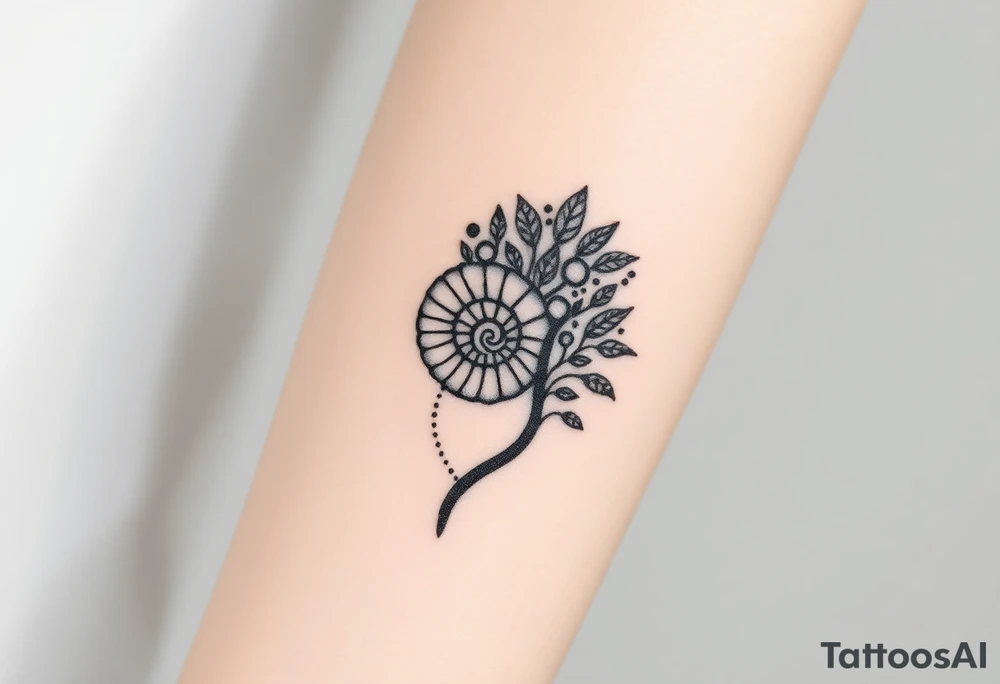 Fibonacci spiral shell on side of base of tree full of lots of leaves tattoo idea