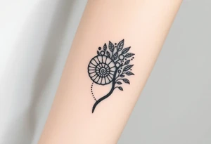 Fibonacci spiral shell on side of base of tree full of lots of leaves tattoo idea