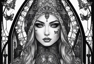 Gothic cathedral with beauty girl face with horror eyes and insects tattoo idea