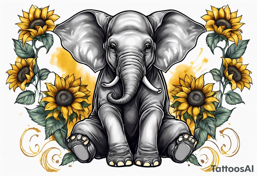Sitting young elephant with trunk raised in air with sunflowers around it tattoo idea