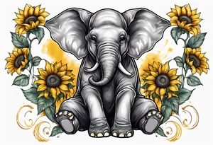 Sitting young elephant with trunk raised in air with sunflowers around it tattoo idea