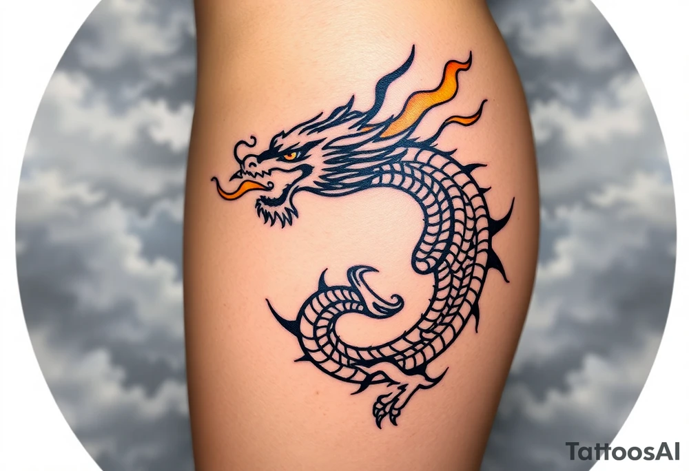 fierce dragon breathing iridescent fire against stormy skies tattoo idea