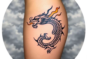 fierce dragon breathing iridescent fire against stormy skies tattoo idea