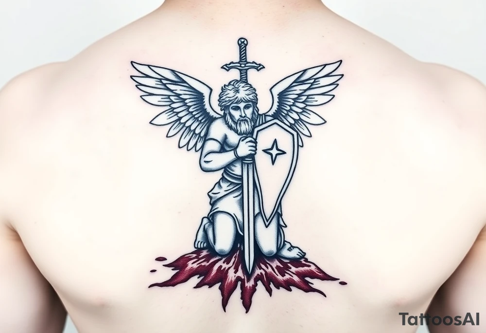 Arch angel Gabriel kneeling with sword and shield on battlefield covered in blood tattoo idea