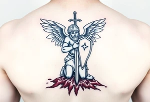 Arch angel Gabriel kneeling with sword and shield on battlefield covered in blood tattoo idea
