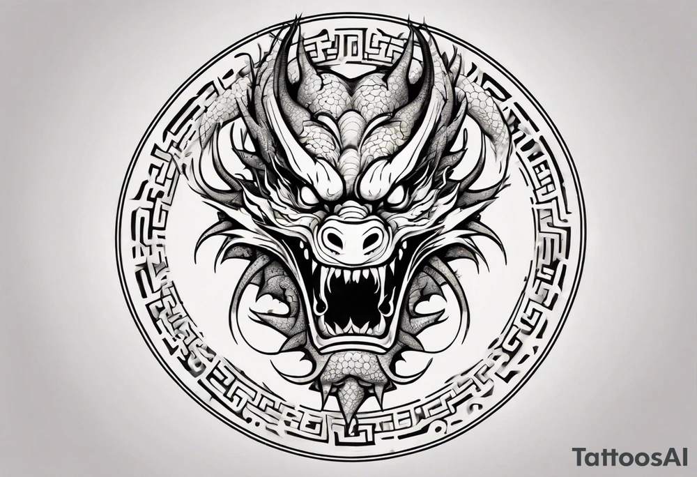 Chinese dragon in a circular shape with "02.03" written on its skin tattoo idea