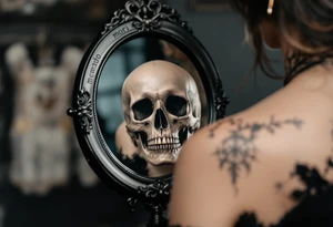 A Victorian-style framed mirror reflecting a skull in muted silver and black, with "memento mori" engraved along the edge. tattoo idea