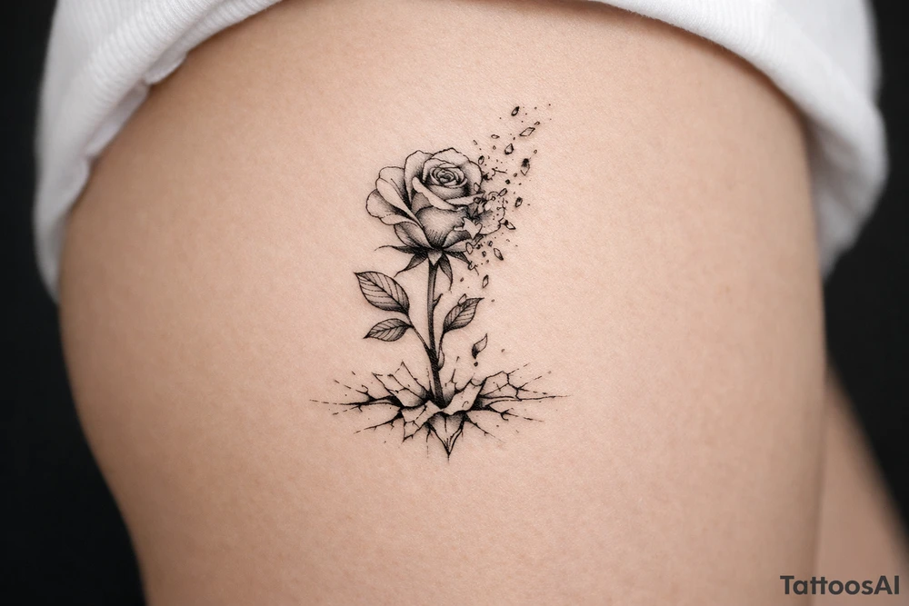 Delicate rose silhouette dissolving into watercolor fragments on shattered ice. tattoo idea