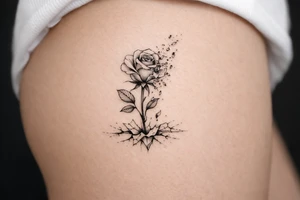 Delicate rose silhouette dissolving into watercolor fragments on shattered ice. tattoo idea