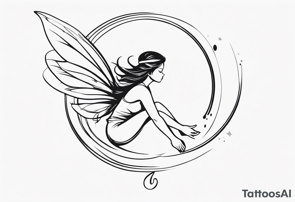 Minimalistic, monochromatic fairy with a tail flying to the left in a fetal position, leaning and looking in the same direction, with visible hands, embodying the 'Fairy Tail' logo aesthetic. tattoo idea