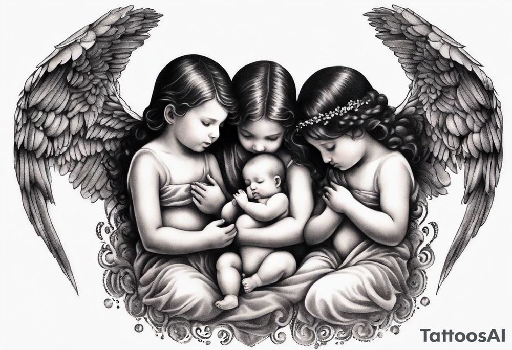 Six angels praying together. The two boy angels are standing in the back of the three girl angel, with their wings gently enfolding a baby angel in a protective embrace tattoo idea