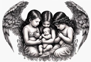 Six angels praying together. The two boy angels are standing in the back of the three girl angel, with their wings gently enfolding a baby angel in a protective embrace tattoo idea