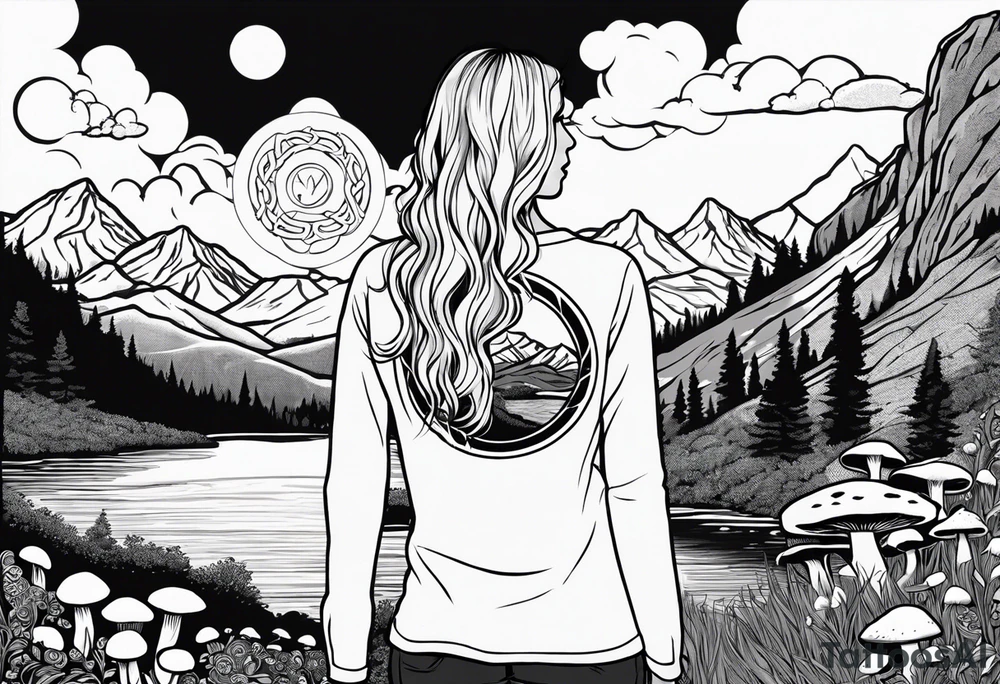 Whole picture encircled fully

Straight long blonde hair hippie girl in distance holding mushrooms in hand facing away toward mountains and creek surrounded by mushrooms long sleeve shirt and hiking pants; whole rendering within a full celtic circle, no cut off circle tattoo idea