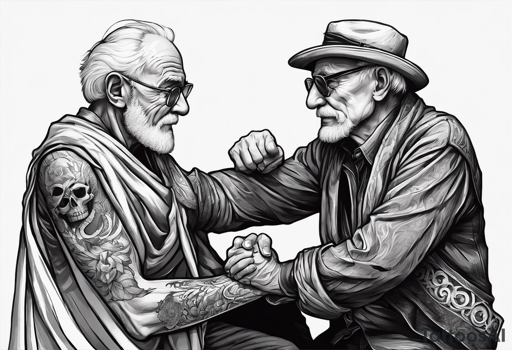 old man in cloak arm wrestling with a skeleton tattoo idea