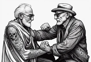 old man in cloak arm wrestling with a skeleton tattoo idea